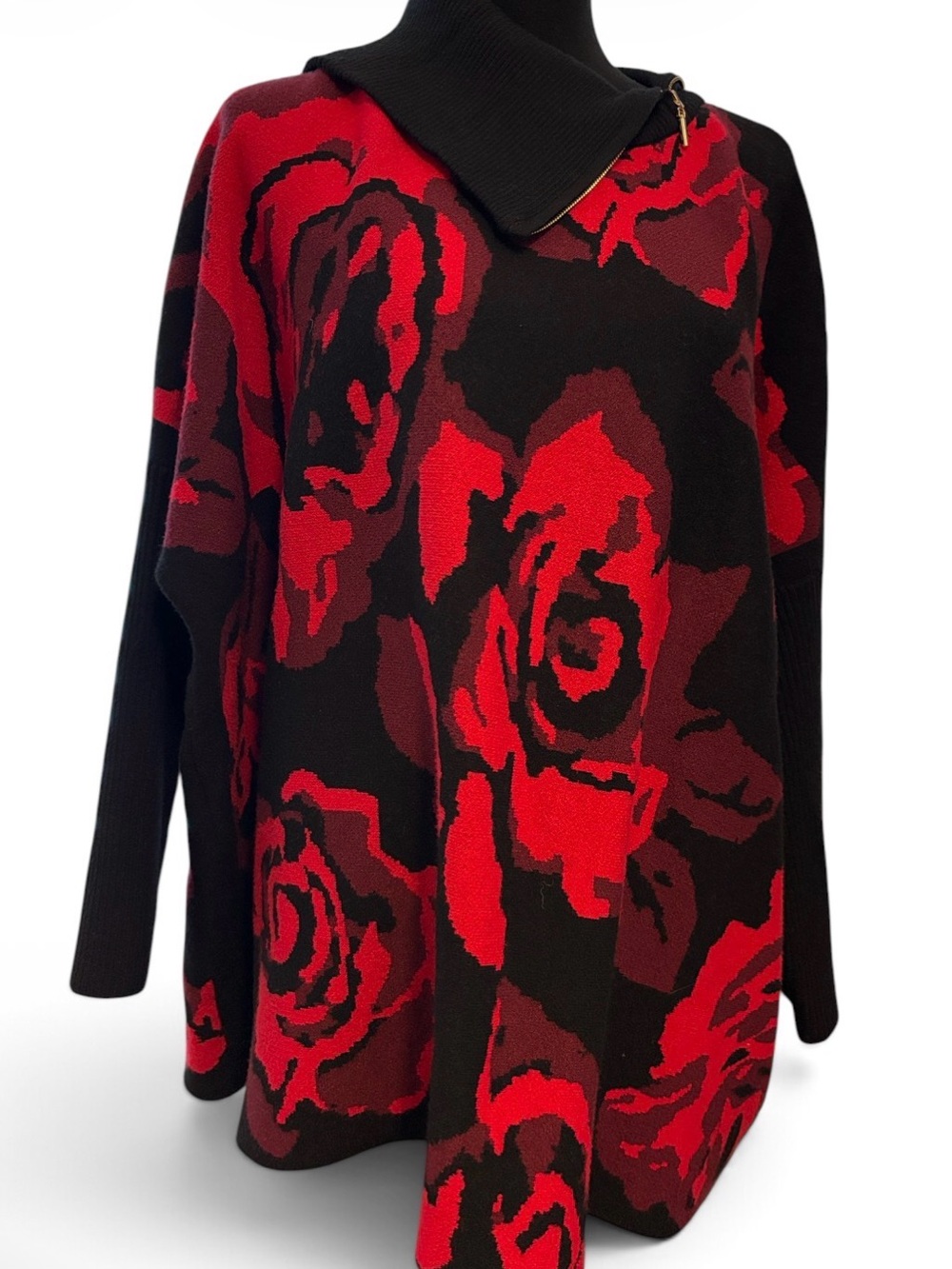 Joseph A. Rose Garden Red Black Zip Turtleneck Poncho Sweater